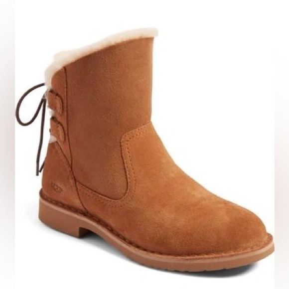 Ugg Women’s Naiyah Lace-Back Genuine Shearling Suede boots Chestnut Size 10 - Picture 2 of 11